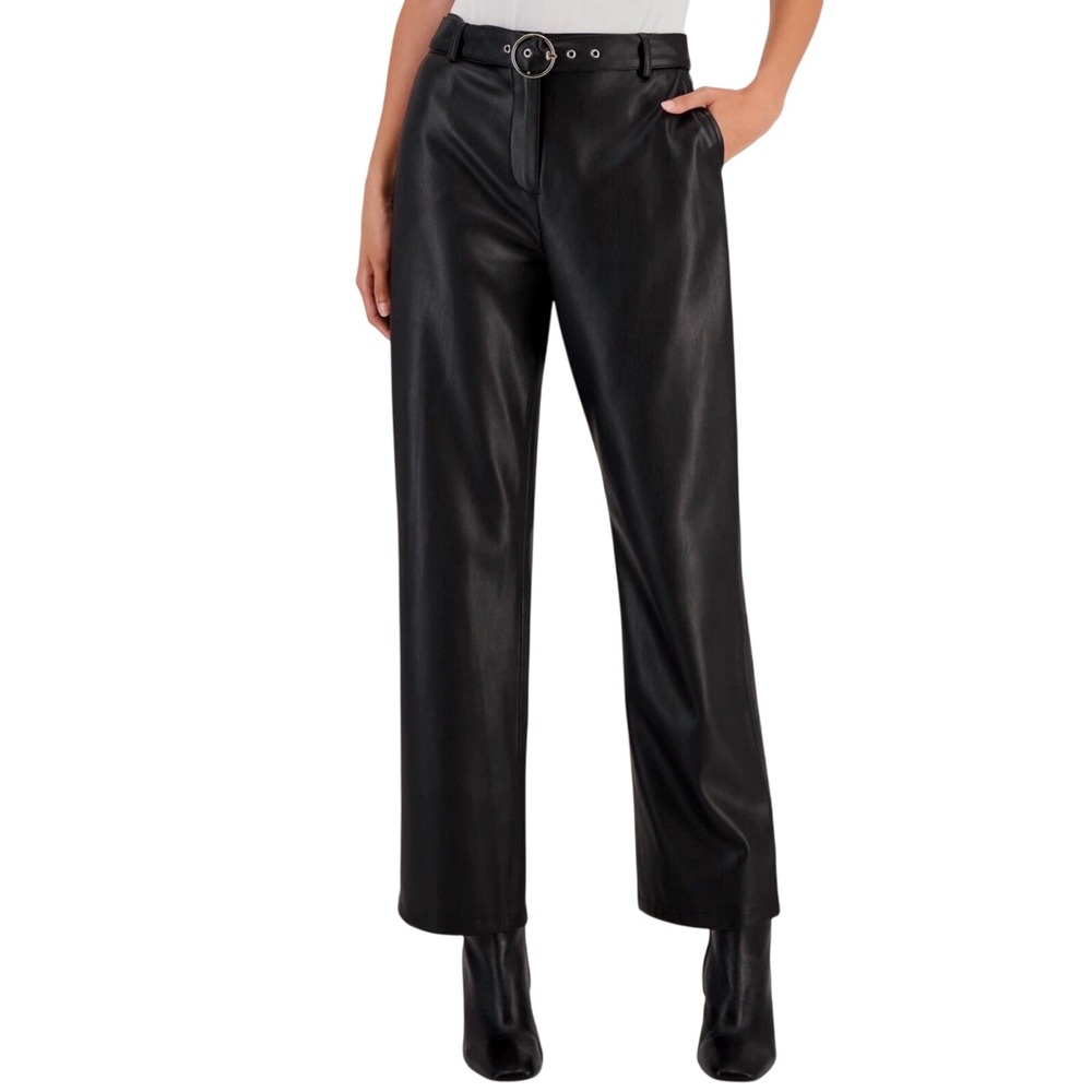 NEW Tahari Faux Leather Belted Straight Leg Pants Womens Size 10 Black Edgy Chic